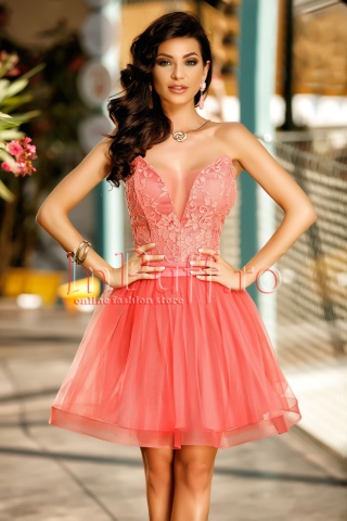 Rochie corai baby-doll din tantela si tul