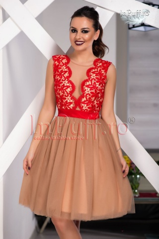 Rochie de seara baby doll dantela rosie si tul bej
