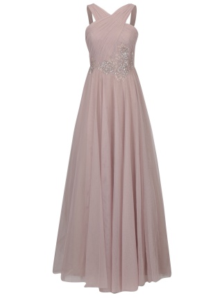 Rochie maxi roz prafuit cu aplicatie decorativa in talie Little Mistress
