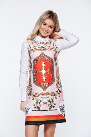 Rochie roz casual din jaquard cu croi larg cu print