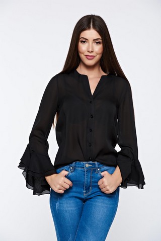 Camasa dama PrettyGirl neagra eleganta din material vaporos cu decolteu in v