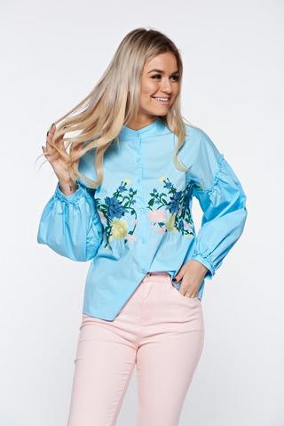 Camasa dama albastra casual brodata din bumbac cu maneci bufante