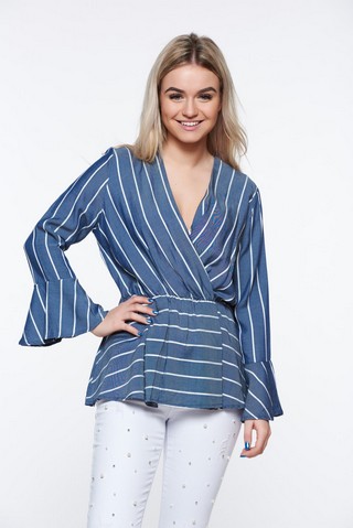 Camasa dama albastra casual din material subtire cu elastic in talie