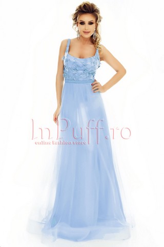 Rochie Atmosphere bleu lunga din tul si flori 3D