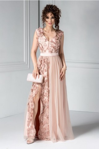Rochie Daiana lila pudrat lunga de seara cu broderie 3D