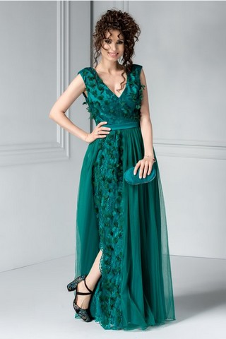 Rochie Daiana verde lunga de seara cu broderie 3D
