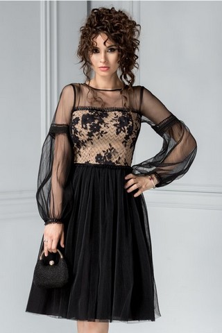 Rochie Leonard Collection neagra cu broderie si tull plisat
