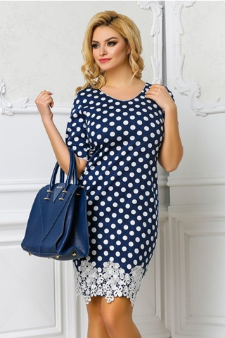 Rochie midi bleumarin office cu buline si broderie