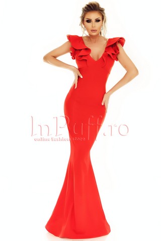 Rochie sirena rosie cu volane in partea de sus