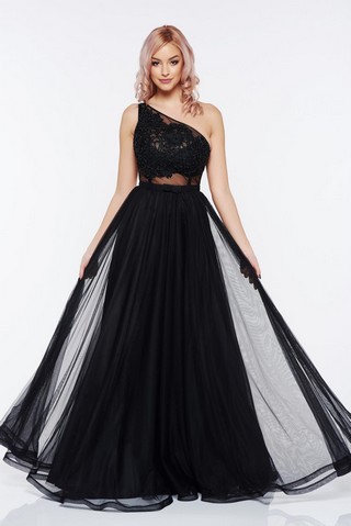 Rochie Ana Radu neagra de seara din tul fara maneci