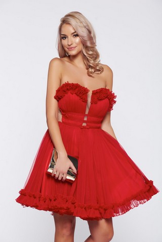 Rochie Ana Radu rosie de ocazie din tul accesorizata cu o fundita