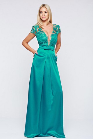 Rochie Fofy verde-inchis de ocazie lunga brodata din material satinat