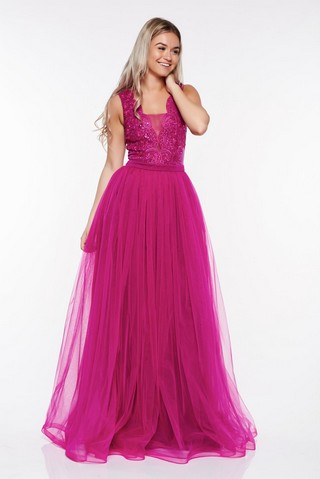 Rochie LaDonna fuchsia de ocazie din tul captusita pe interior cu aplicatii de dantela cu paiete