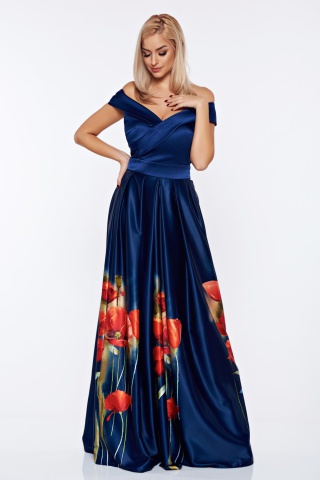 Rochie Artista albastru-inchis de ocazie din material satinat cu imprimeuri florale