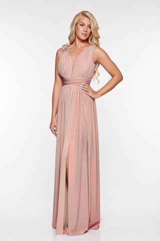 Rochie LaDonna rosa de ocazie in clos din material lucios cu aplicatii florale