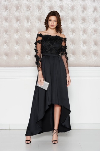 Rochie StarShinerS neagra de ocazie asimetrica din material satinat cu aplicatii florale cu efect 3D