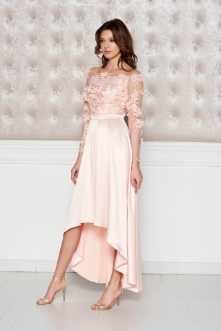 Rochie StarShinerS piersica de ocazie asimetrica din material satinat cu aplicatii florale cu efect 3D