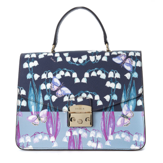 Furla Metropolis M Blue Leather Handbag With Butteflies And Flowers