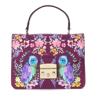 Furla Metropolis M Purple Leather Handbag With Birds And Flowers