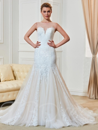 Gauze Scoop Neck Lace Button Mermaid Wedding Dress