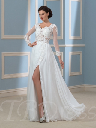 Long Sleeve Split-Front Lace Beach Wedding Dress