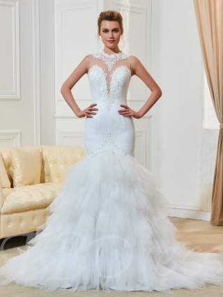 Mermaid Court Train Lace Tiered Wedding Dress