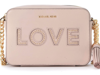 Michael Kors Ginny Pink Leather Shoulder Bag With Love Writing And Studs