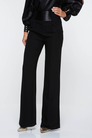 Pantaloni PrettyGirl negri eleganti cu talie inalta evazati cu buzunare