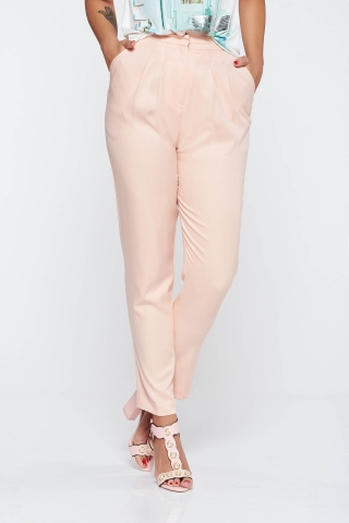 Pantaloni piersica conici din material neelastic cu talie inalta si cu buzunare