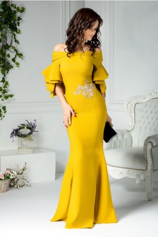 Rochie Amedea galbena cu broderie lunga de seara
