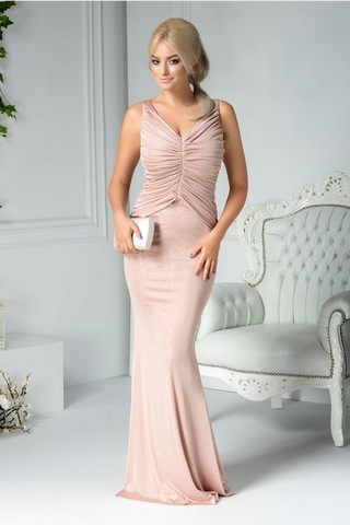 Rochie Amita rose cu sclipici si pliuri la bust lunga de seara