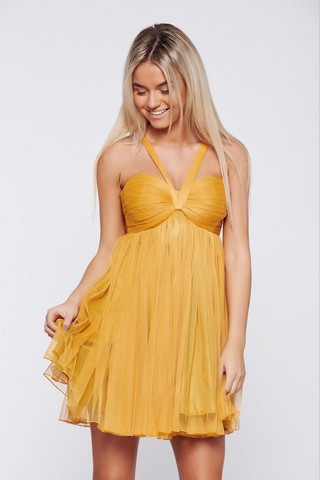 Rochie Ana Radu mustarie de lux in clos din tul cu push-up captusita pe interior