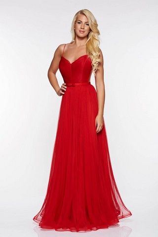 Rochie Ana Radu rosie de lux cu decolteu din tul captusita pe interior cu bust buretat