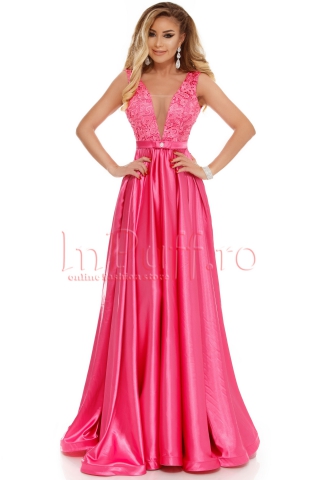 Rochie Atmosphere ciclam din saten si dantela in zona bustului