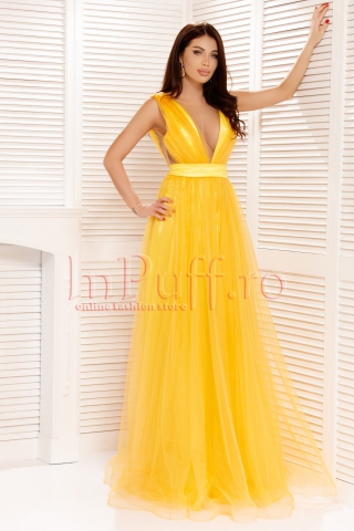 Rochie Atmosphere lunga din tul galben