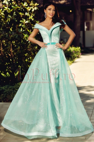 Rochie Atmosphere mint lunga de seara accesorizata cu sclipici