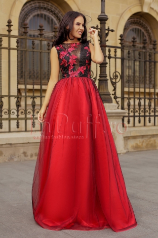 Rochie Atmosphere rosie din tul accesorizata cu dantela brodata