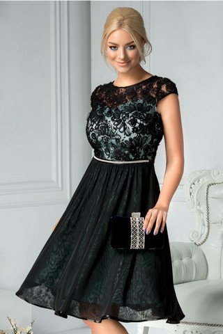 Rochie Cecille negru si turcoaz cu dantela si strasuri in talie