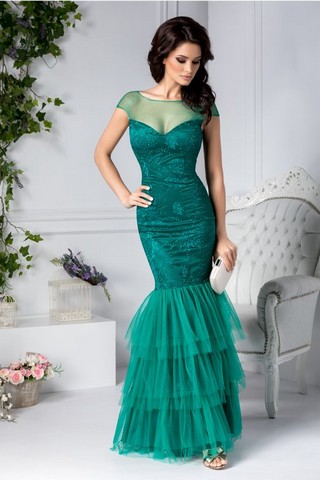 Rochie Charo verde lunga de seara cu dantela si broderie