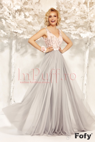 Rochie Fofy lunga de seara cu flori roz 3D si tul gri