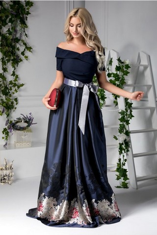 Rochie Heather bleumarin lunga cu imprimeu negru si gri