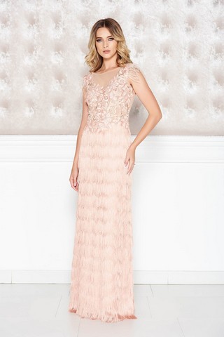 Rochie LaDonna rosa de ocazie cu un croi mulat din dantela si franjuri cu decolteu adanc