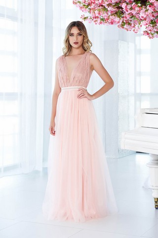 Rochie LaDonna rosa de ocazie in clos din tul si dantela cu aplicatii cu margele