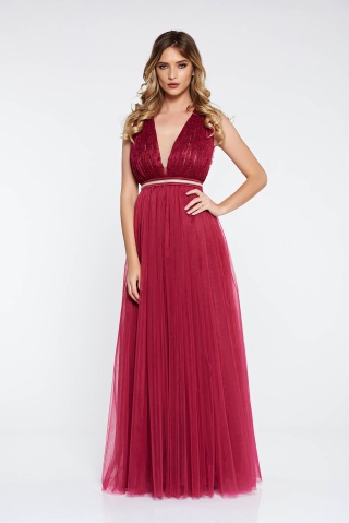 Rochie LaDonna visinie de ocazie in clos din tul si dantela cu aplicatii cu margele