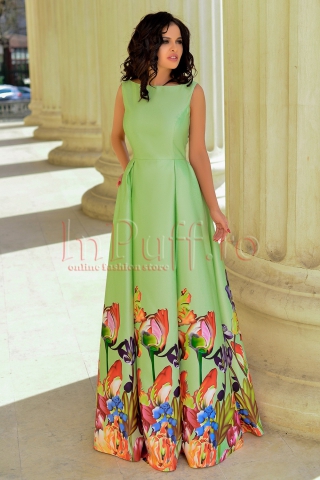 Rochie MBG lunga verde din tafta cu imprimeu floral