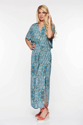 Rochie Top Secret albastra-deschis de zi cu croi larg din material vaporos cu print