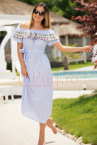 Rochie dreapta din bumbac cu volan brodat