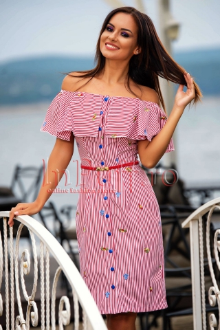 Rochie in dungi cu volan la bust