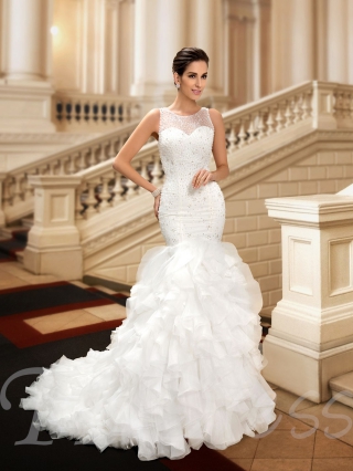 Scoop Neck Beading Trumpet Tiered Court Train Wedding Dress