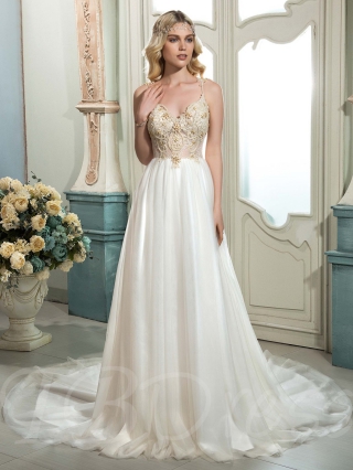 Spaghetti Strap Beading A-Line Court Train Long Sleeves Wedding Dress